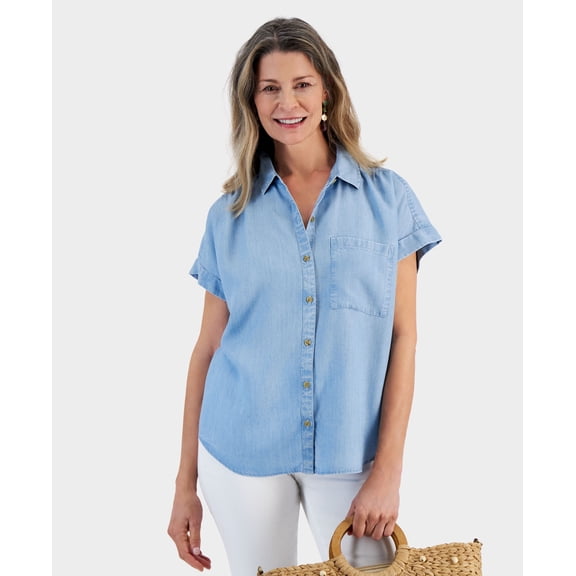 Petite Short-Sleeve Button-Up Top Emma Wash PM