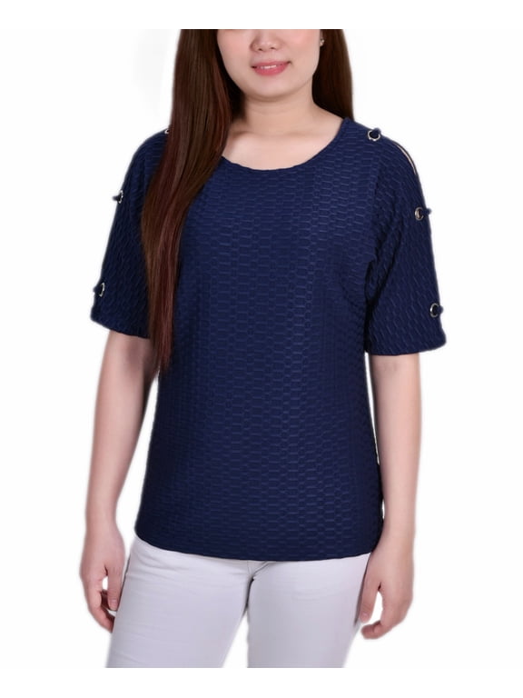 Petite Short Sleeve Honeycomb Textured Grommet Top Dark Blue PL