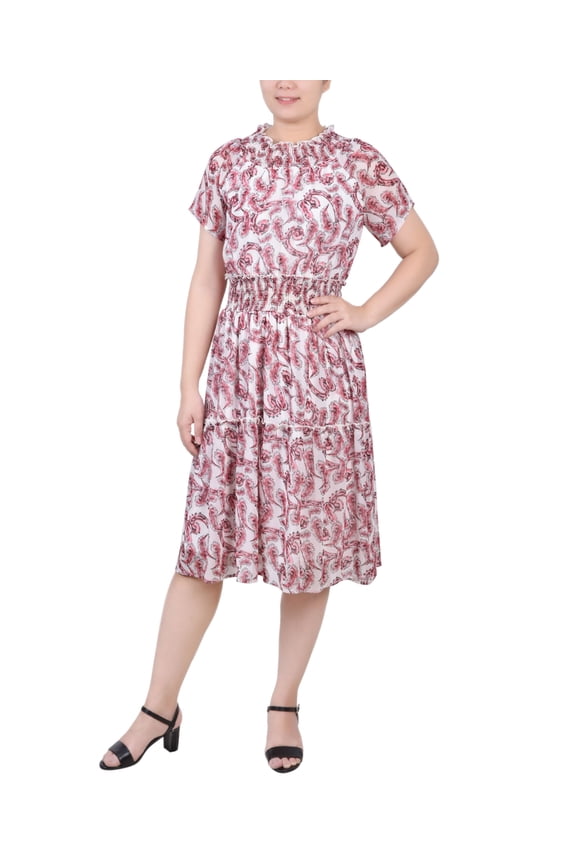 Petite Short Sleeve Smocked Waist Dress Burgundy Paisley Floral PM