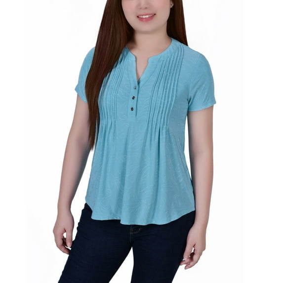 Petite Short Sleeve Y-neck Jacquard Knit Top Blue Curacao PM