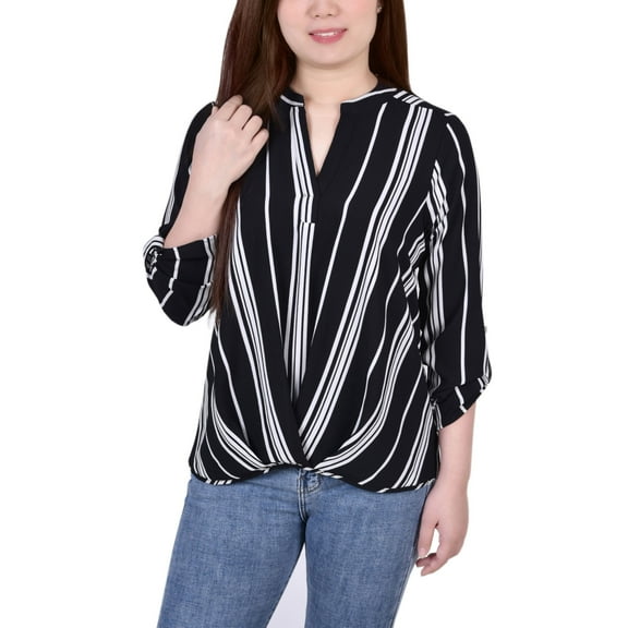 Petite Size 3/4 Push Tab Mandarin Collar Blouse with Front Pleats Black White Stripe PXL