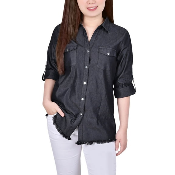 Petite Size 3/4 Roll Tab Chambray Blouse Black PL