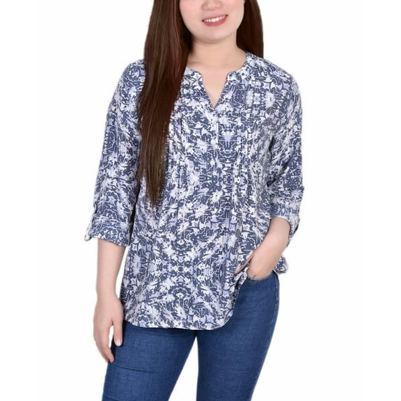 Petite Size 3/4 Roll Tab Sleeve Blouse Top Navy Skyterrace PS