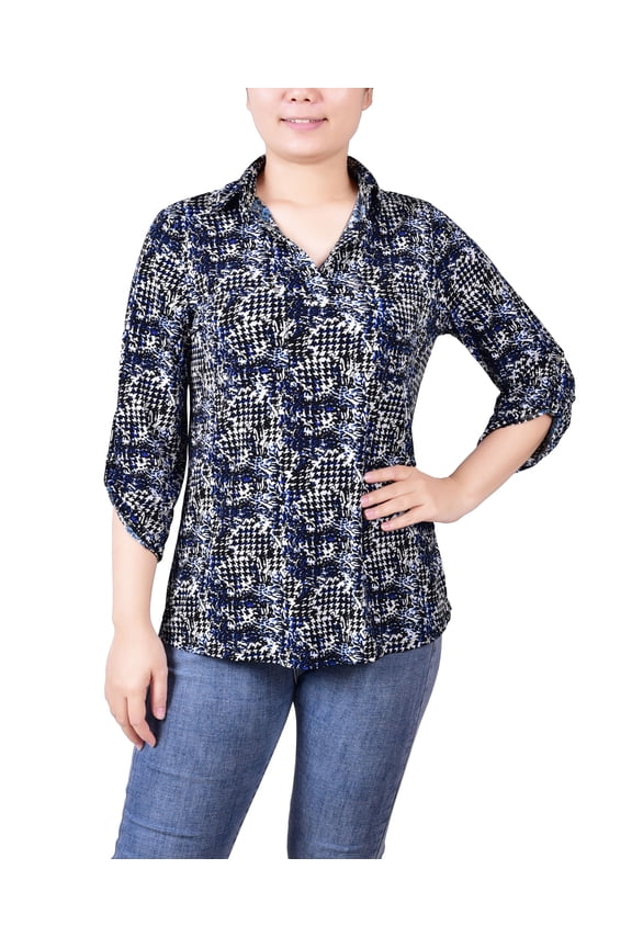 Petite Size 3/4 Ruched Sleeve Studded Y Neck Top Snake Navy PL