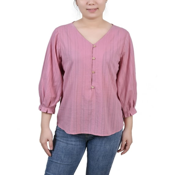 Petite Size 3/4 Sleeve Button Placket Jacquard Blouse Lilas PXL