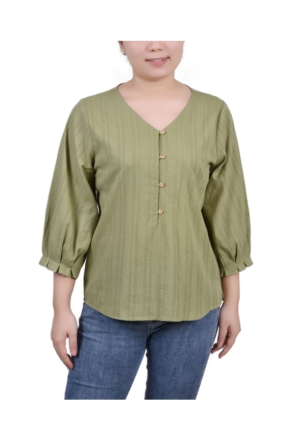 Petite Size 3/4 Sleeve Button Placket Jacquard Blouse Sage PM