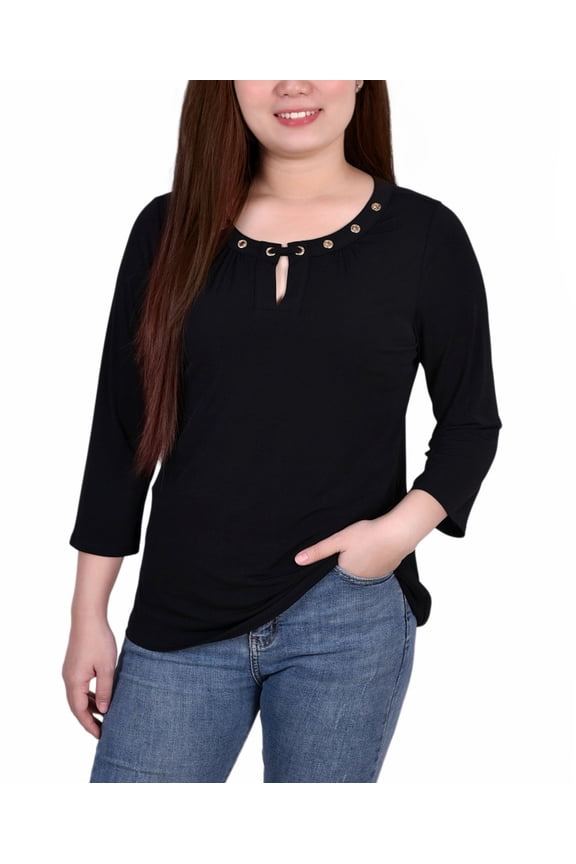 Petite Size 3/4 Sleeve Grommet Top Black PL