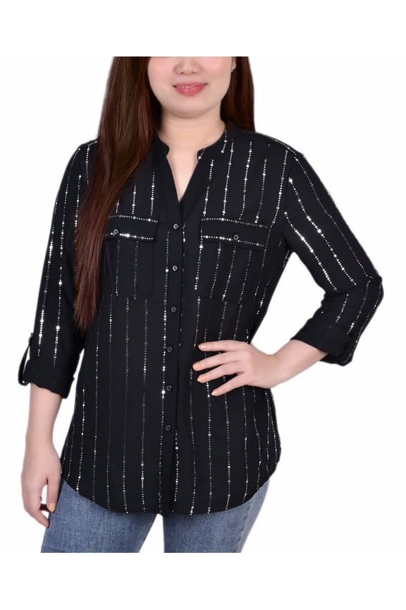 Petite Size 3/4 Sleeve Roll Tab Blouse With Metallic Details Top Black Ardor PM