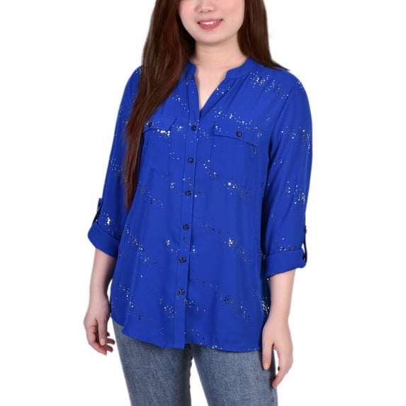 Petite Size 3/4 Sleeve Roll Tab Blouse with Metallic Details Top Surf The Web Glowdot PM
