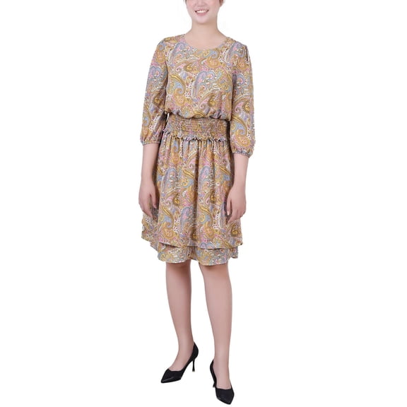 Petite Size 34 Sleeve Dobby Smocked Waist Dress Mustard Paisley PL