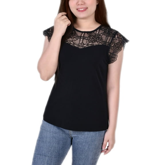 Petite Size Crepe Knit Top With Lace Flanged Sleeve Yoke Black PL