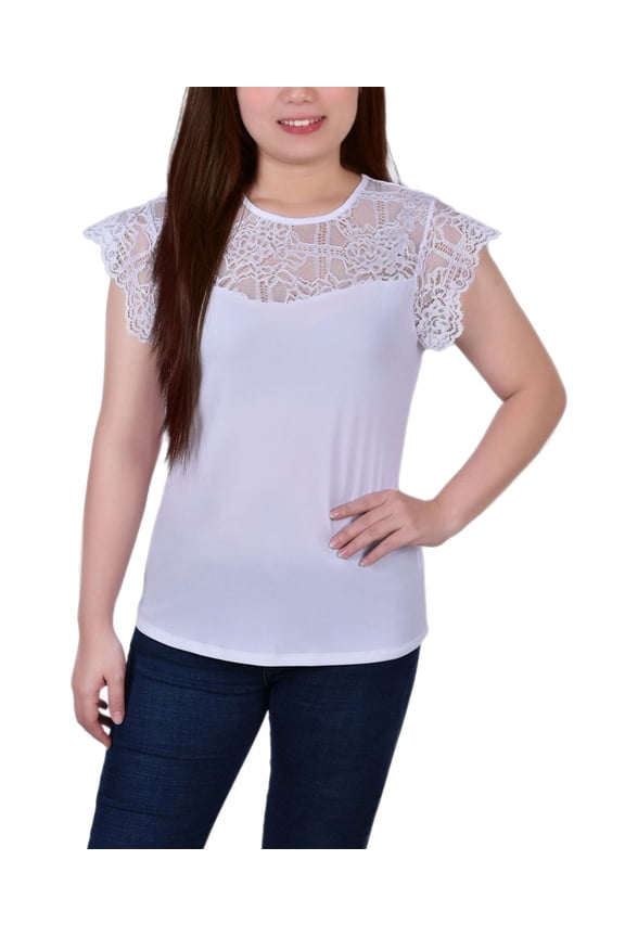 Petite Size Crepe Knit Top With Lace Flanged Sleeve Yoke White PS
