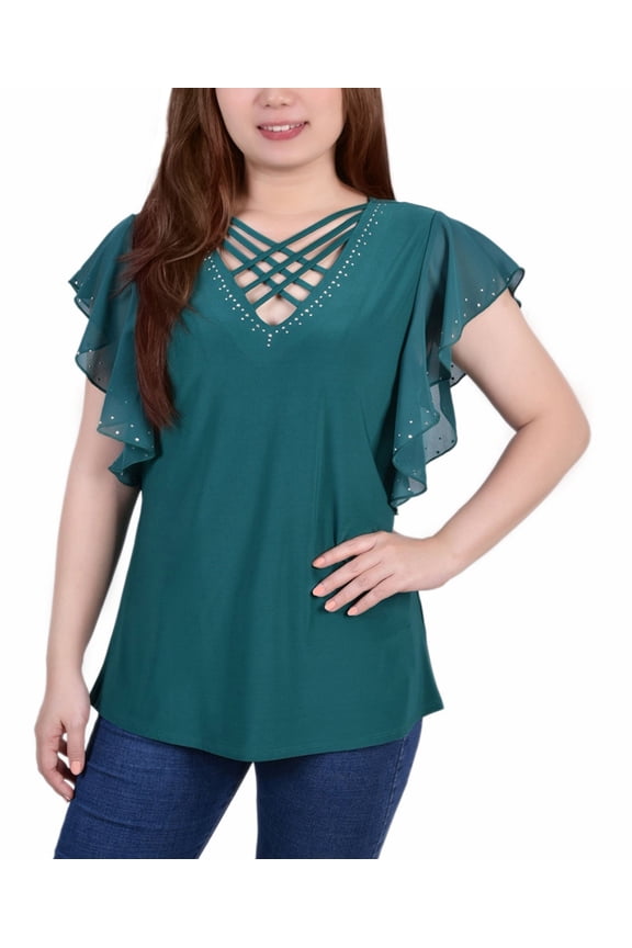 Petite Size Flutter Sleeve Top With Criss Cross Strips Emerald PM