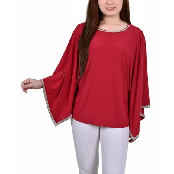Petite Size Long Batwing Top With Glitz Tape At Neckline Sleeves Red PM