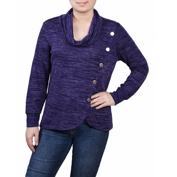 Petite Size Long Sleeve Overlapping Cowl Neck Top Grape Enzoz PM