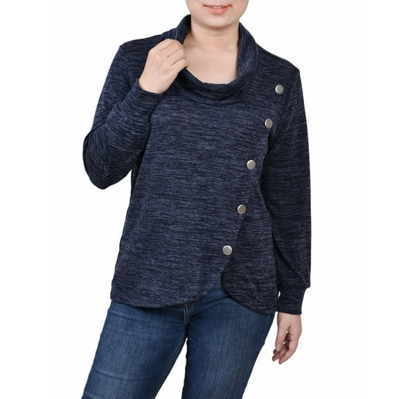 Petite Size Long Sleeve Overlapping Cowl Neck Top Navy Enzoz PS