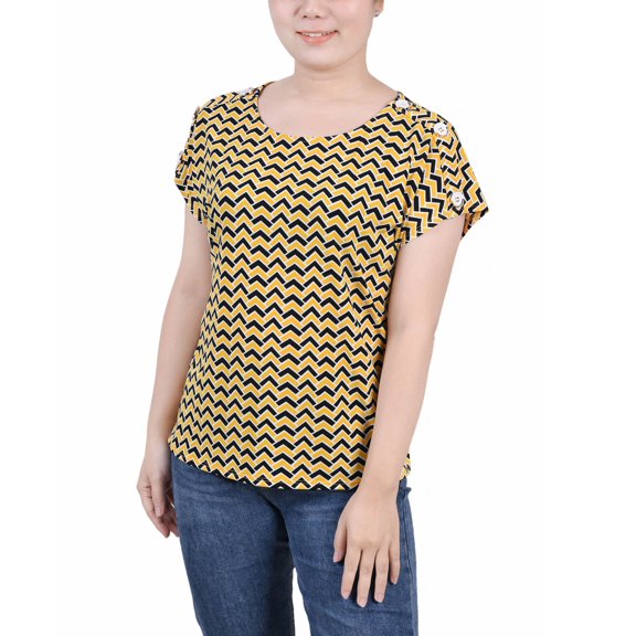 Petite Size Short Extended Sleeve Top Golden Black Chevron PS