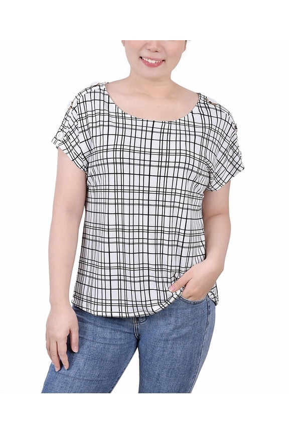 Petite Size Short Extended Sleeve Top White Black Window PL