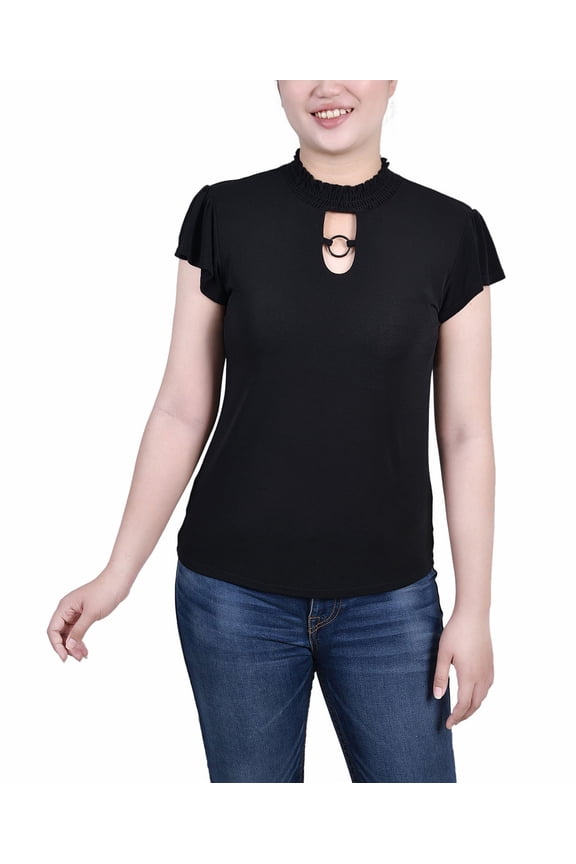 Petite Size Short Flutter Sleeve Mock Neck Top Black PM