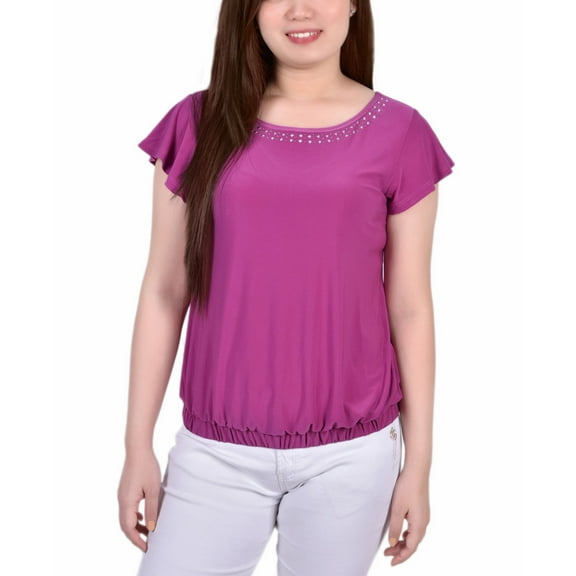 Petite Size Short Flutter Sleeve Top with Studded Neckline Magenta PM