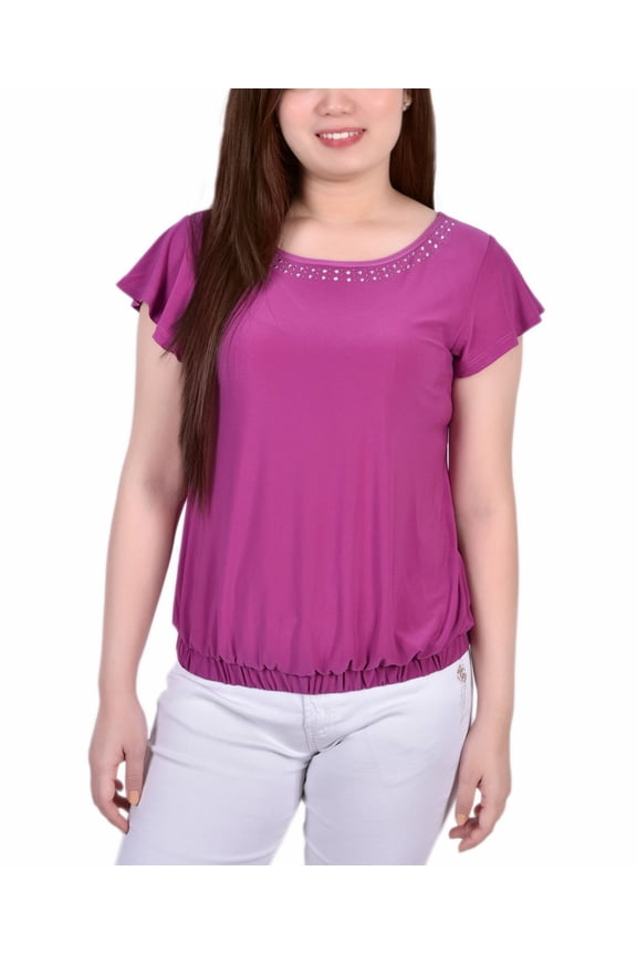 Petite Size Short Flutter Sleeve Top with Studded Neckline Magenta PM