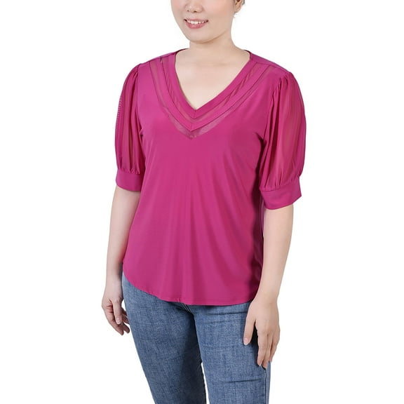 Petite Size Short Puff Sleeve V-neck Top Fushia Red PXL