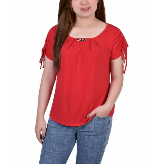 Petite Size Short Ruched Sleeve Top With Pleats Chinese Red PM