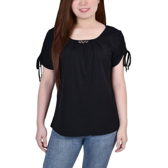 Petite Size Short Ruched Sleeve Top with Pleats Black PL