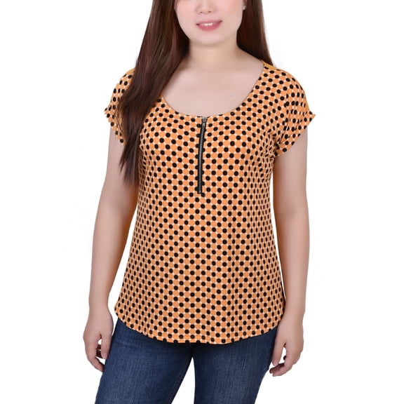 Petite Size Short Sleeve 1/2 Zip Knit Top Gold Seadots PXL