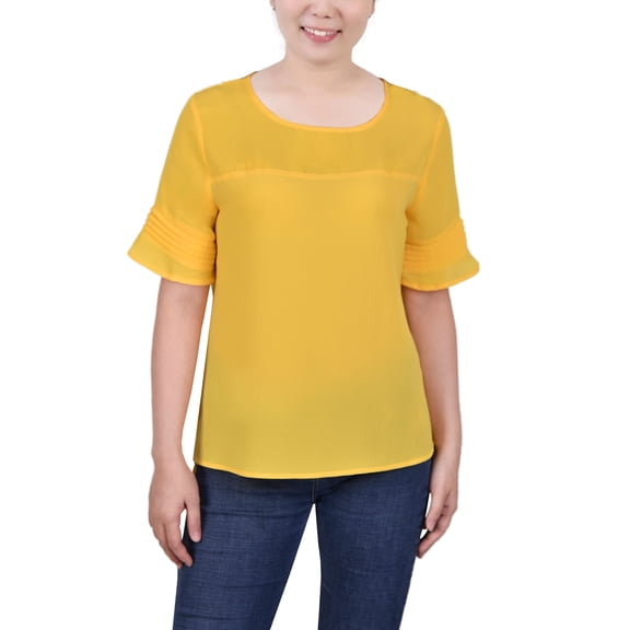 Petite Size Short Sleeve Crepe and Chiffon Top Yellow PL