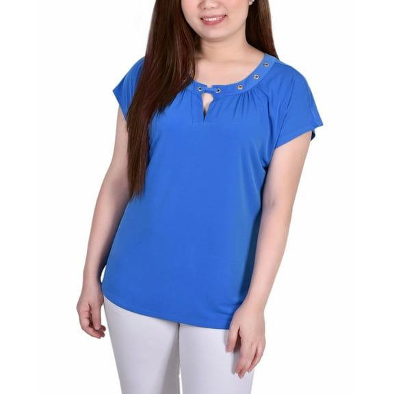 Petite Size Short Sleeve Grommet Top With Keyhole Victoria Blue PXL