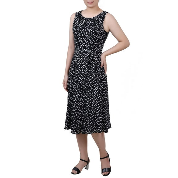 Petite Size Sleeveless Chiffon Belted Dress Black White Ice Moon PM