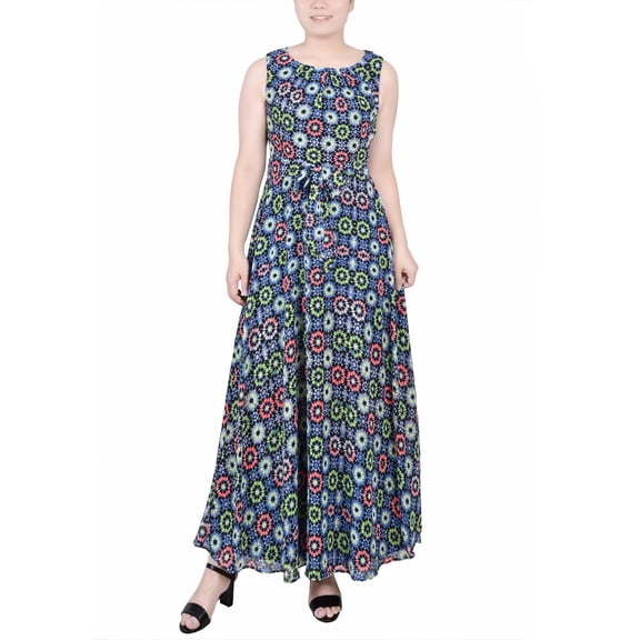 Petite Sleeveless Belted Chiffon Maxi Dress Geo Hippe Peasant PXL