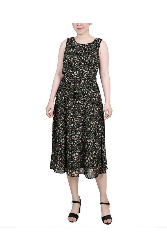 Petite Sleeveless Chiffon Belted Dress Black Ditsy Floral PXL