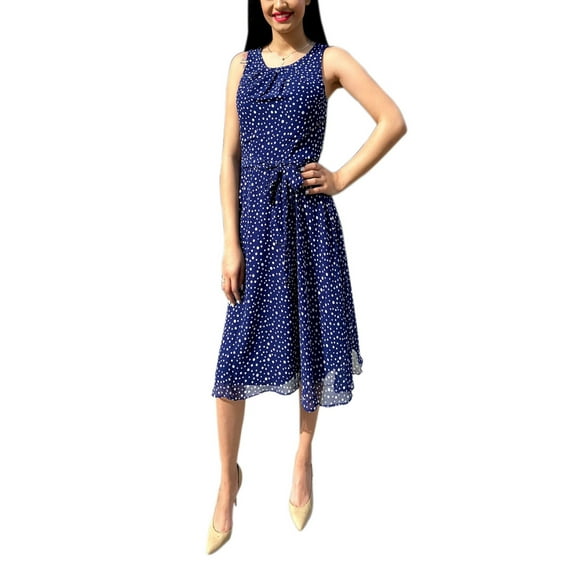 Petite Sleeveless Chiffon Belted Dress Navy Ivory Dot PL