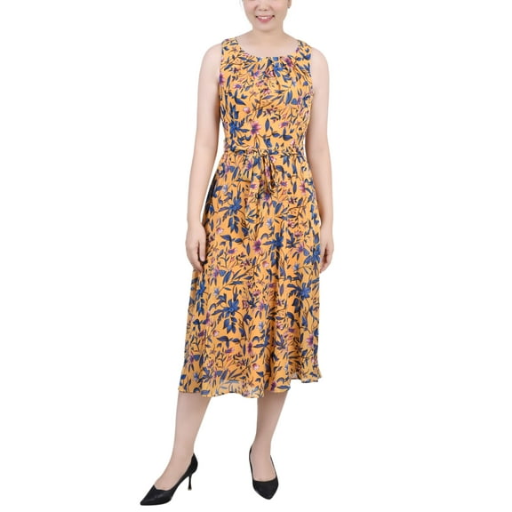 Petite Sleeveless Chiffon Belted Dress Yellow Floral PM