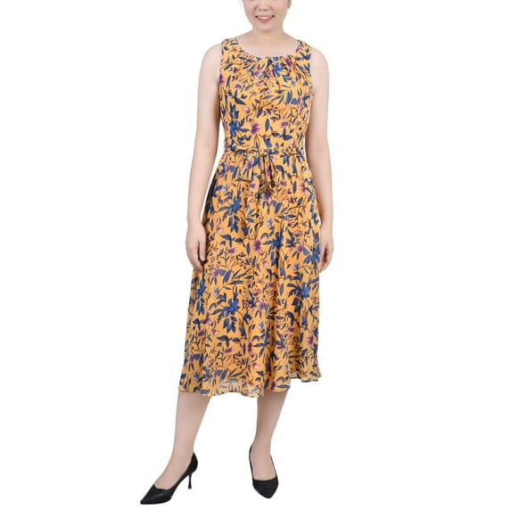 Petite Sleeveless Chiffon Belted Dress Yellow Floral PM