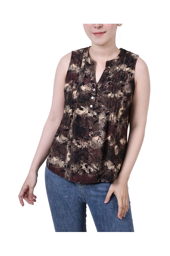 Petite Sleeveless Jacquard Y-neck Top Khaki Milaflor PM