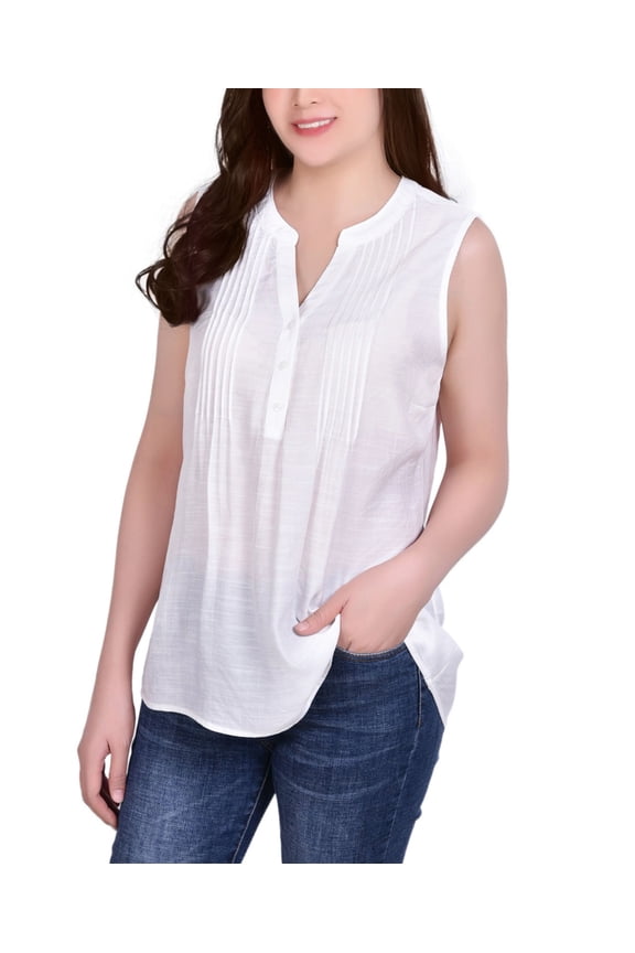 Petite Sleeveless Pintucked Blouse Top White PL