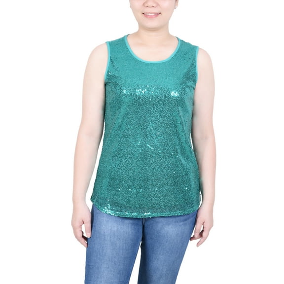 Petite Sleeveless Sequined Tank Top With Combo Banding
