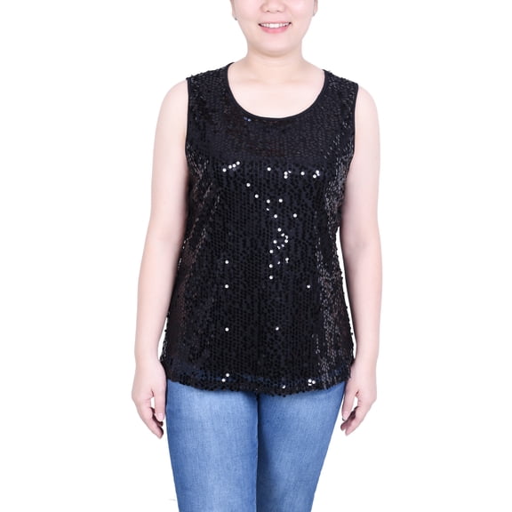 Petite Sleeveless Sequined Tank Top With Combo Banding