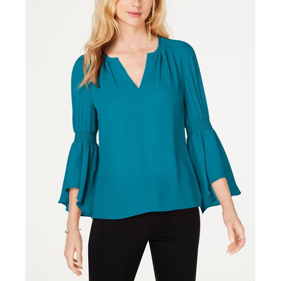 Petite Smocked Bell Sleeve Top Caribbean Blue PXS