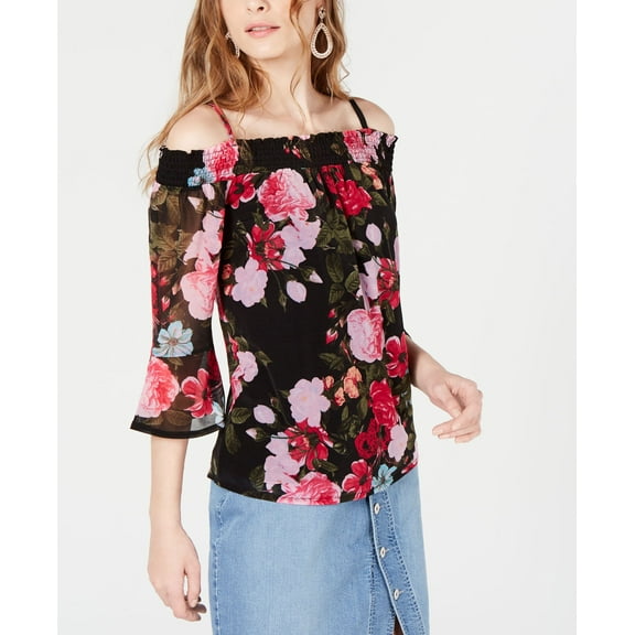 Petite Smocked Peasant Top Wild Lilies Black PS