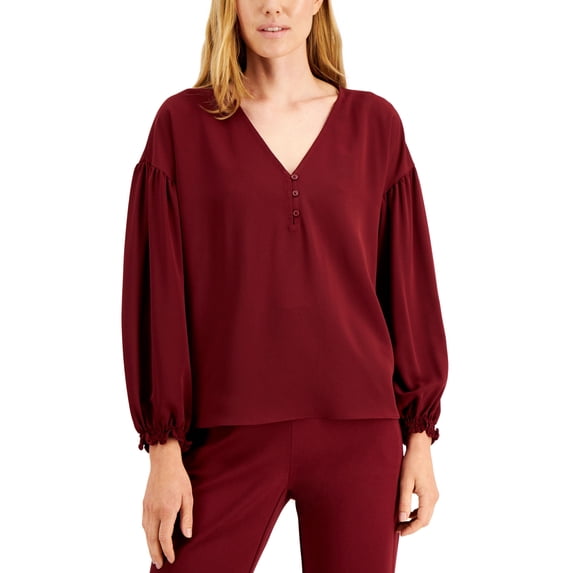 Petite Solid V-Neck Volume-Sleeve Blouse Red Bay PM