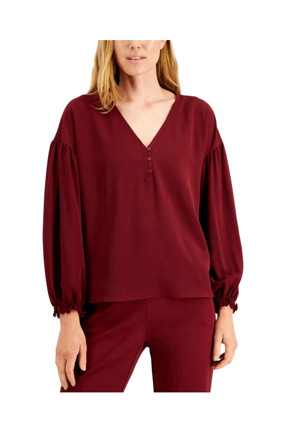 Petite Solid V-Neck Volume-Sleeve Blouse Red Bay PM