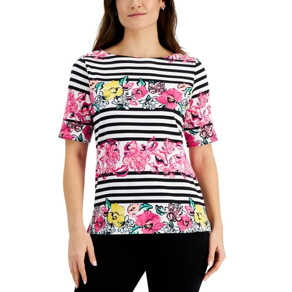 Petite Striped Floral-Print Top Pink White Combo PXS