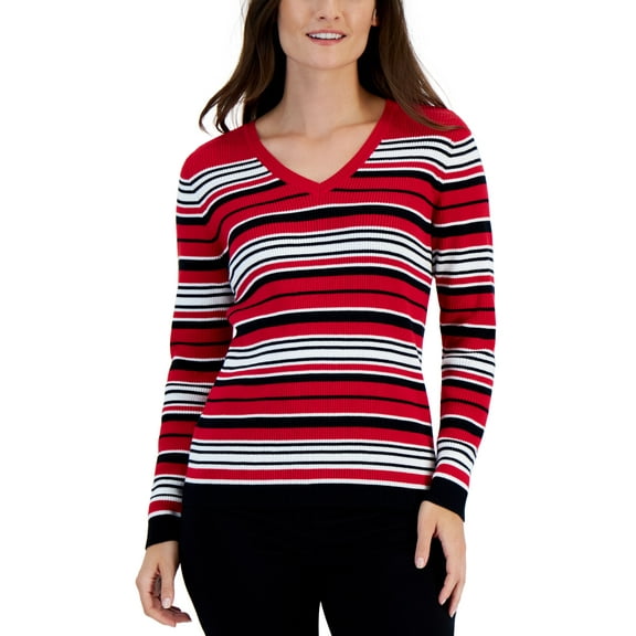 Petite Striped V-Neck Sweater New Red Amore Combo PL