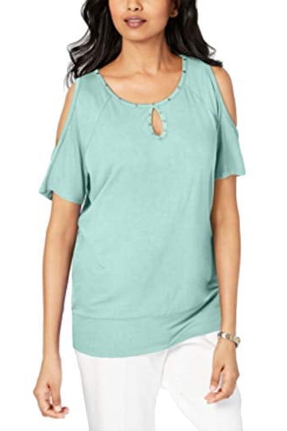 Petite Studded Cold-Shoulder Keyhole Top Aqua Flash PM
