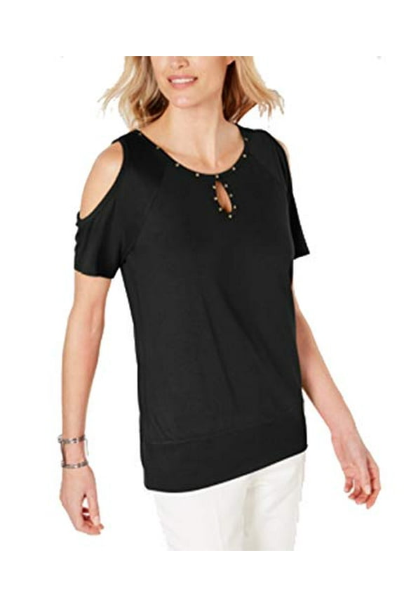 Petite Studded Cold-Shoulder Keyhole Top Deep Black PL
