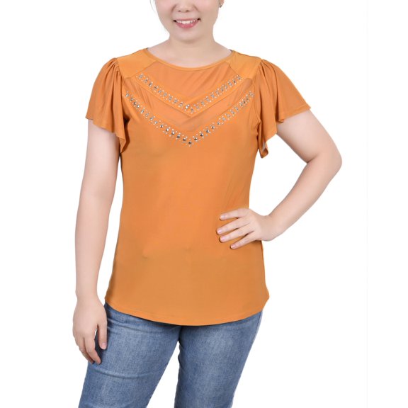 Petite Studded Short Flutter Sleeve Top Flut Inca Gold PM